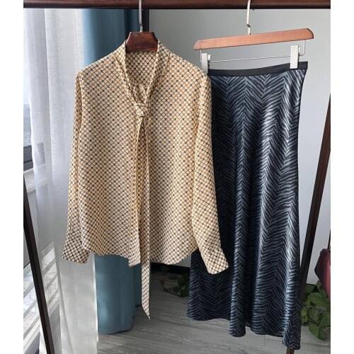 Ladies 100% Silk Long Sleeve Ribbon Neck Ties Printed Blouse Shirt Top