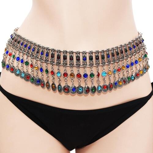 Turkish Coin Long Tassel Belly Chains for Women Colorful Crystal Waist Dance Belt India Gypsy Statement Beach Jewelry