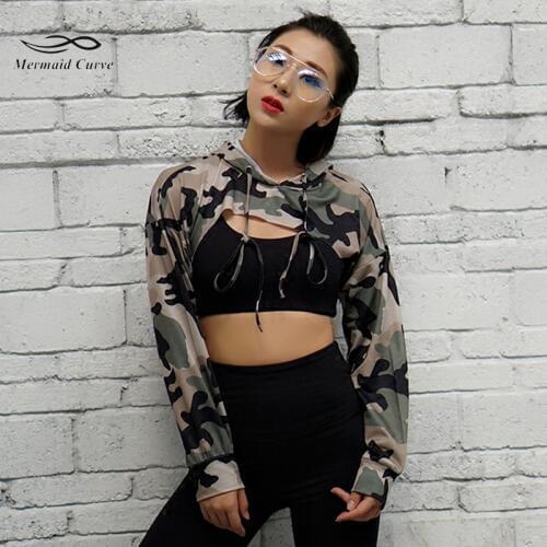 Mermaid Curve camouflage Long Sleeve Womens sports T-shirt Crop Top yoga shirt Women Hooded Short style Fitness dance T-shirt