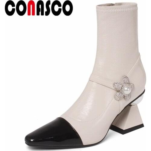 CONASCO Retro Sweet Women Ankle Boots Autumn Winter Warm Party Cow Leather Wedding Party Basic Prom Office New Brand Shoes Woman