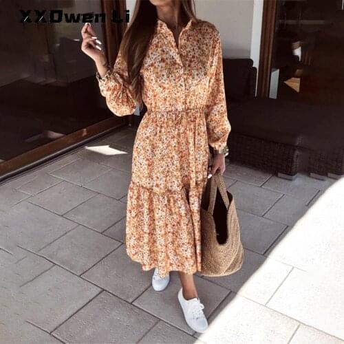 Autumn Women Print Floral Ruffles MIdi Dress Ladies Casual Long Sleeve V-Neck Strappy Dresses Elegant Spring Party Long Dress