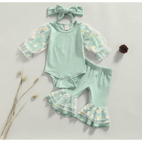 Newborn Baby Girls Lace Mesh Daisy Pattern 3pcs Rompers Outfits Long Sleeve Playsuit + Flared Pants + Headband Toddler Suits