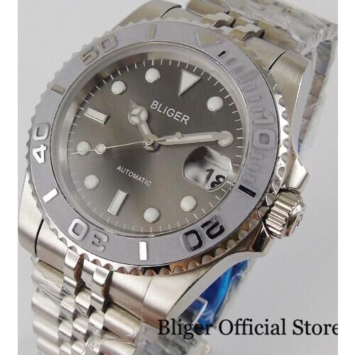 BLIGER Grey Male Wristwatch NH35 MIYOTA Automatic Movement Mnetal Bracelet Ceramic Bezel Insert