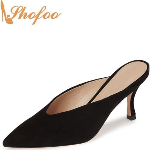 Black Pointed Toe Med Kitten Sandals Woman Thin Heels Slippers Slides Large Size 11 15 Slip On For Ladies Footwear Casual Mature