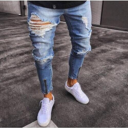 Europe and the United States hole bulletproof foot zipper fashion jeans men skinny jeans pants