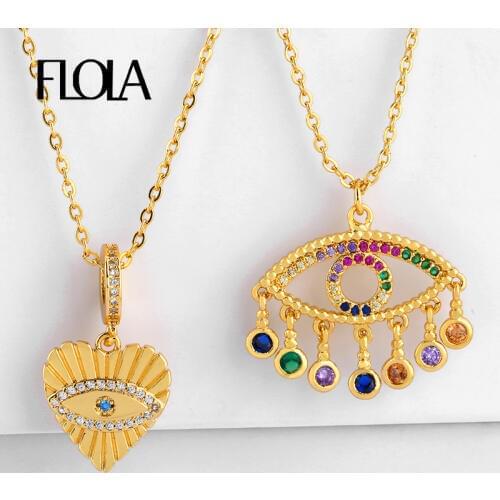 FLOLA 24K Gold Greek Eye Necklace Gold Chain CZ Heart Evil Eye Pendant Necklace with Charm Greek Eye Jewelry olho grego nkep53