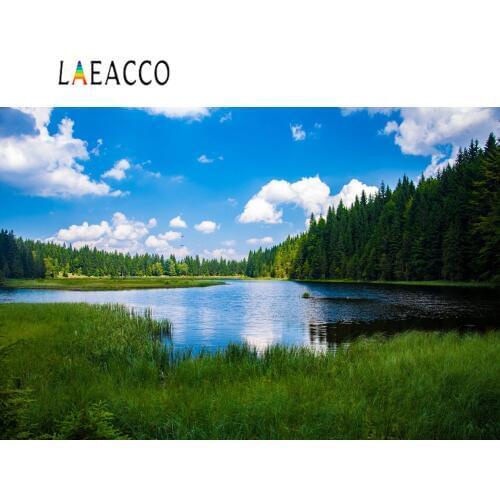 Laeacco Natural Green Grass Forest Lake Blue Sky Cloudy Outdoor Scenic Photo Backgrounds Photographic Backdrops For Photo Studio