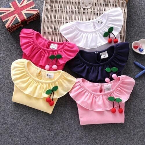 Baby Girls T-shirt Long Sleeve Band Cute Cherry Bow T Shirts For Girls Cotton Children Clothes Sweet Ruffles Collar Blouse Hot