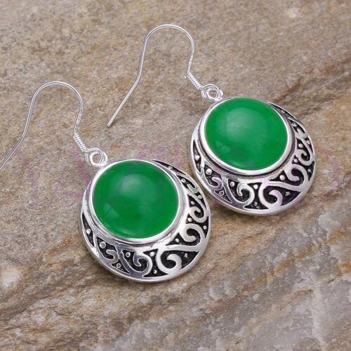 Hot sell new whosale Round Green stone 925 Sterling Silver Hok Vintage Earrings