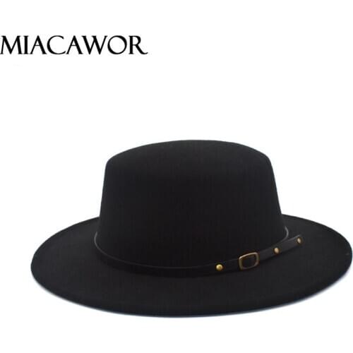 MIACAWOR New Classic Solid Color Fedora Hat Women Wool Flat Top Bowler Hat Man Wide Brim Jazz Cap Elegant Lady Church Hats P21