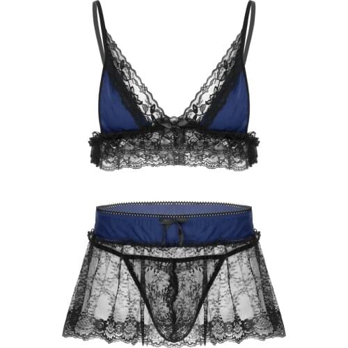 Mens Erotic Sissy Lace Lingerie Set Deep V Neck Bra Top with Ruffled See Through Mini Skirt and Low Rise G-string Underwear