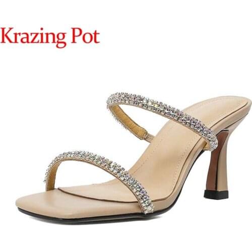 Krazing pot new big size summer mules genuine leather square toe high heels diamond high fashion beauty lady sandals women L7f3