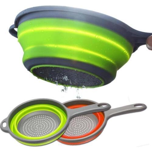 Long Handle Round Drain Fruit Storage Basket Foldable Silicone Colander Vegetable Washing Basket Kitchen Food Containers Drainer
