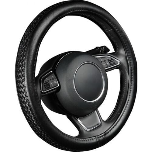 Steering Wheel Cover Lychee Pattern with Anti-slip Braiding Style M Size fits 38cm/15" Diameter PU Leather Steering Wheel Cover