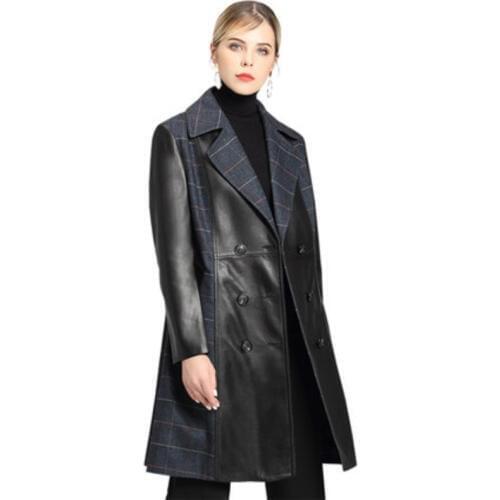 Genuine Leather Jacket Women Real Leather Sheepskin Long Trench Coat Female Plaid Double Breasted Windbreaker Chaqueta Mujer 610
