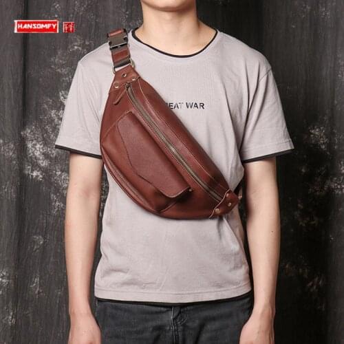 New Top Layer Cowhide Mens Chest Bag Fashion Leather Waist Packs Bag Large Capacity Shoulder Bag Crossbody Phone Bag