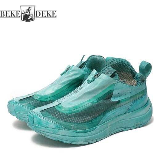 Mens Casual Shoes Patchwork Distressed Breathable Mesh Front Zipper Designer Sneakers Brand Men Platform Trainers Active Shoes