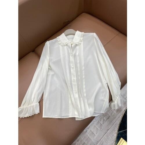 New ladies fashion 2021 long sleeve sexy casual solid color embroidered ruffled silk shirt 1021