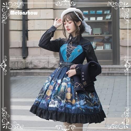 Melonshow Gothic Lolita Dress Plus Size Blue Victorian Dress Women Cape Black Sweet Lolita JSK Kawaii Clothing Girls
