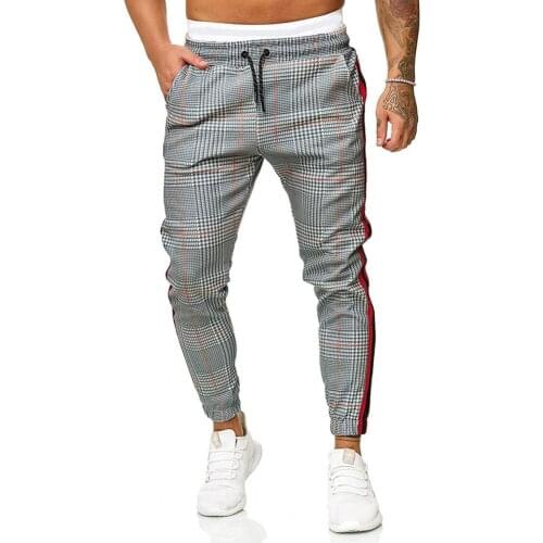 Casual Men Skinny Pants Plaid Side Stripes Drawstring Ankle Tied Skinny Trousers for Sports