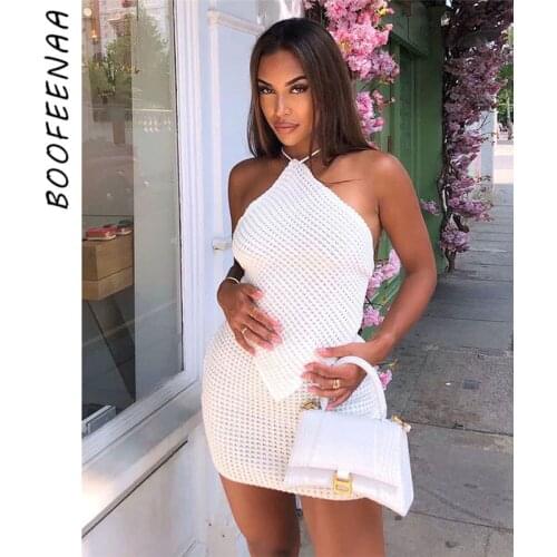 BOOFEENAA Sexy White Knitted Autumn Dress Set Sweater Vest Backless Halter Crop Top and Mini Skirts 2 Piece Club Outfit C71-DG21