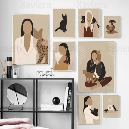Scandinavian Canvas Painting Girl Pet Cat Dog Abstract Art Wall Poster Interior Design Modular Picture Aesthetic Room Decoration