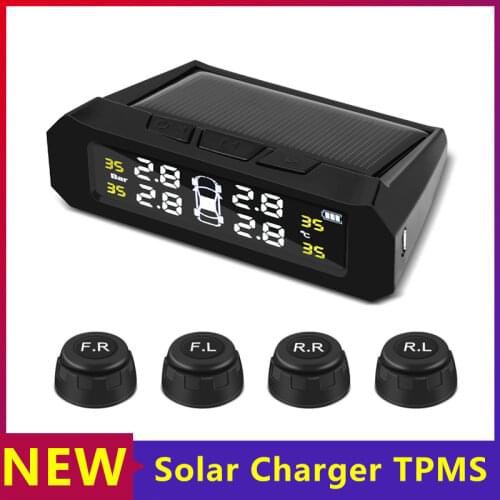 Solar TPMS Monitor Car Alarm Auto Tire Pressure Monitoring System with 4 Sensors Wheel Control System Wireless Solar Power