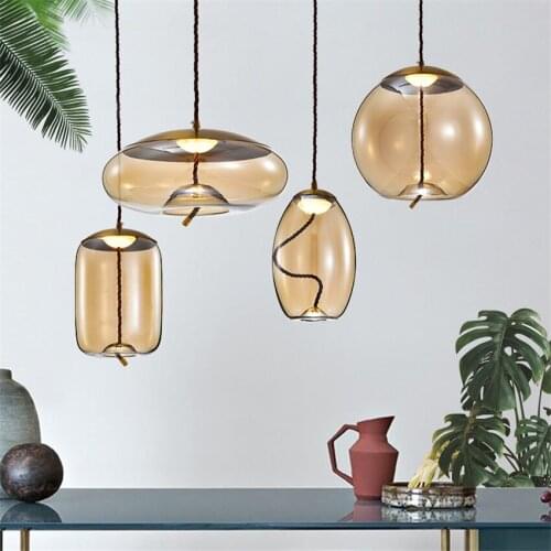 Modern Amber Glass Rope Pendant Lights for Living Room Bedroom Dining Room Lamps American Retro Deco Hanging Lights Lighting