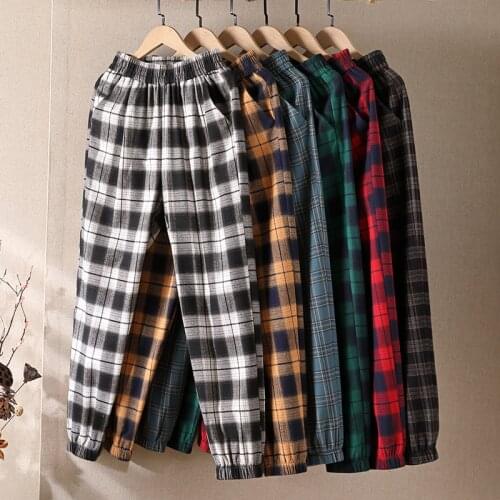 High waist Vintage Plaid Cotton linen Bloomers 2021 elastic waist Summer Loose Ankle length pants Casual Female Plaid Trousers