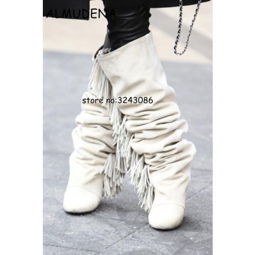 High Top Suede Black White Fringed Woman Knee High Boots Pointed Toe Hidden Wedge Lady Fashion Long Boots Height Increasing