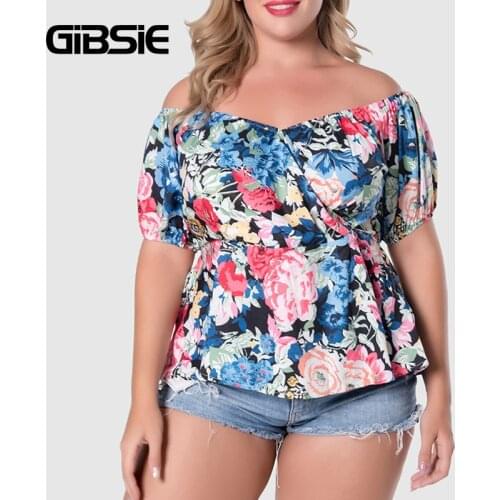 GIBSIE Sweetheart Neck Floral Print Peplum Blouse Women Plus size 2021 Summer Short Puff Sleeve Tops Vintage Party New Fashion