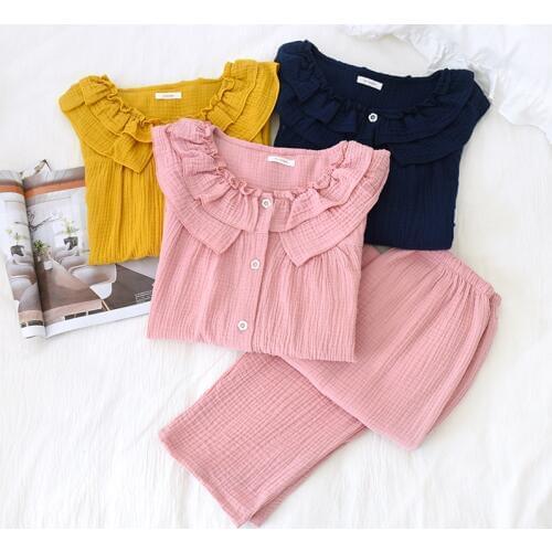 Womens New Casual Round Neck Pajamas Three Quarter 100% Cotton Solid Crepe Pajama Set Woman Sleepwear Loungewear Home Clothes