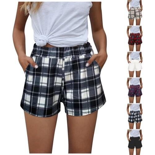 Women Summer Elastic Waist Shorts Leopard Plaid Printing Shorts Workout Hidden Pockets Athletic Shorts Beach Wear