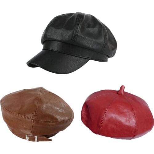 HanXi Fashion Women Beret Hat PU Leather Octagonal Hat Visor Winter Artist Caps
