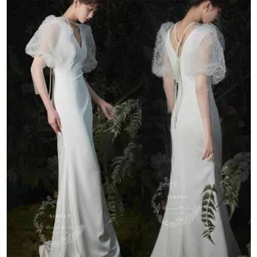 Soft Satin Simple Mermaid V-Neck Short Puff Sleeve Vintage Sweep Train Backless Wedding Gown Wedding Dress Bride robe de mariée