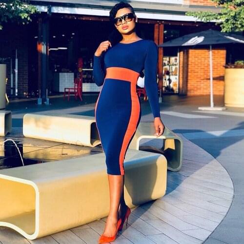 Contrast Color Patchwork Formal Pencil Dress Women High Waist Long Sleeve Mid Calf Vestidos Office Lady Body-shaping Dresses