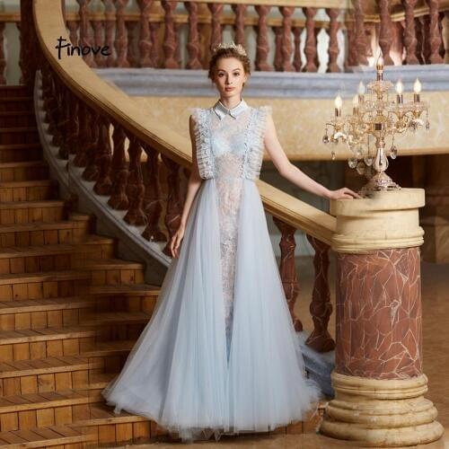 Finove Ligh Blue Prom Dresses Long 2019 Sexy High Neck Illusion With Appliques Pearls Floor Length In Women' Dress Robe De Soir