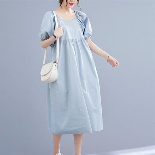 Puff Sleeve Bow French Style Gentle elegant Lady Fashion Dress 2021 New Arrival Cotton Loose Women Summer Casual Midi Dress