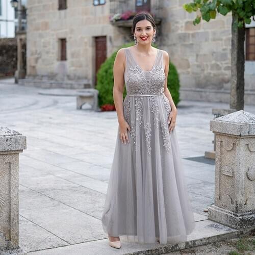 Plus Size Robe De Soiree A-line V-neck Lace Appliques Tulle Formal Dress Women Elegant Vestidos De Fiesta De Noche Evening