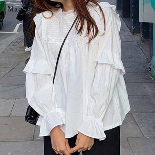 2020 Women Shirt Korean Style Solid Long Lantern Sleeve Women Blouse New Loose Clothing Cotton Vintage Elegant Tops Blusas 10558