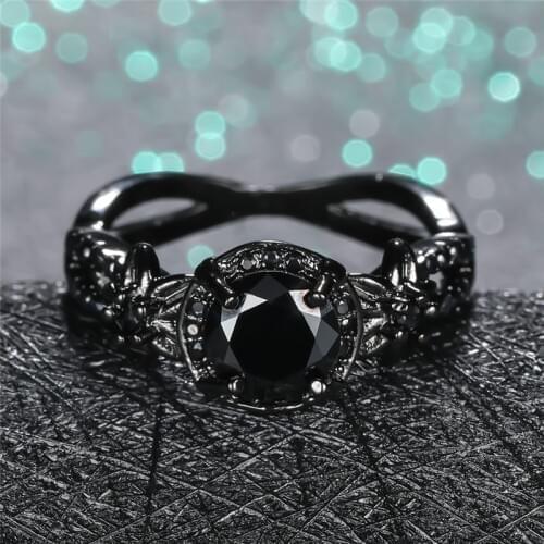 Charm Female Male Black Round Zircon Ring Dainty 14KT Black Gold Engagement Rings For Women Punk Hollow Flower Wedding Band Ring