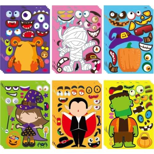 Kids DIY Reusable Stickers Make a Zombie Pumpkin Monster Witch Change Face Puzzle Games Assemble Toys For Children Gifts