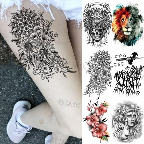 Henna Sun Flower Temporary Tattoos For Women Men Adult Realistic Lion Wolf Skull Tattoo Sticker 3D Halloween Thigh Tatoos Leg