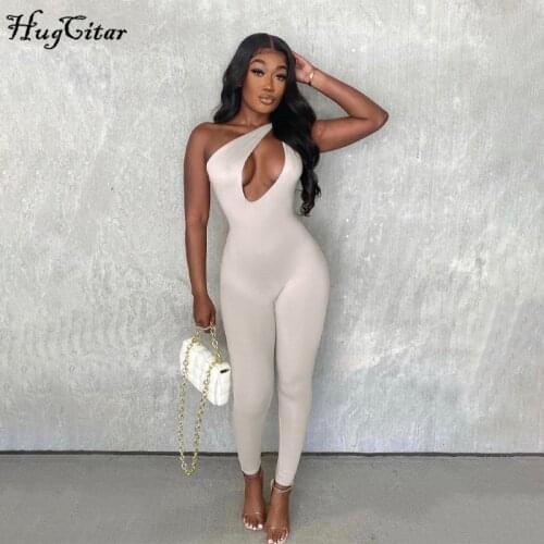 Hugcitar 2021 Sleeveless One-Shoulder Bodycon Sexy Jumpsuit Summer Women Fashion Hollow Out Romper Body