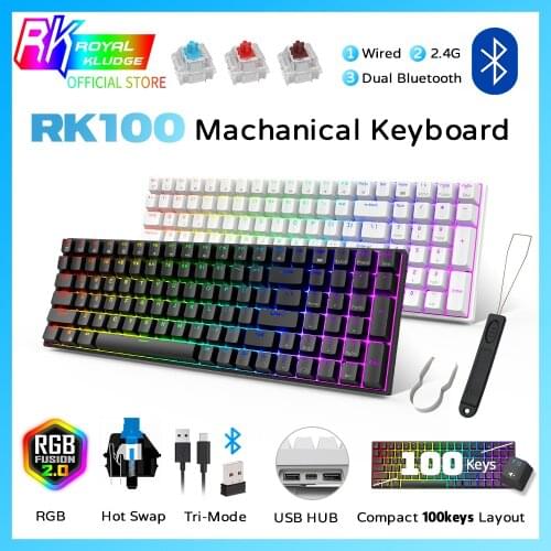 Official RK100/RK860 2.4G Wireless/Bluetooth/Wired RGB Mechanical Keyboard, 100 Keys 3 Modes Connectable Hot Swappable Keyboard