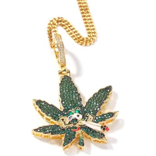 BWAVKE Green Maple Leaf Pendant Ice Out Cubic Zirconia Pendant Bling CZ Charm Hip-hop Fashion Jewelry