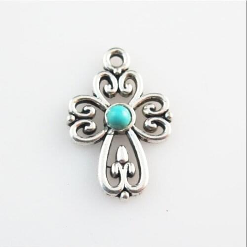 Fashion 20Pcs Retro Tibetan Silver Color Stone Flower Cross Charms Pendants 14.5x21.5mm