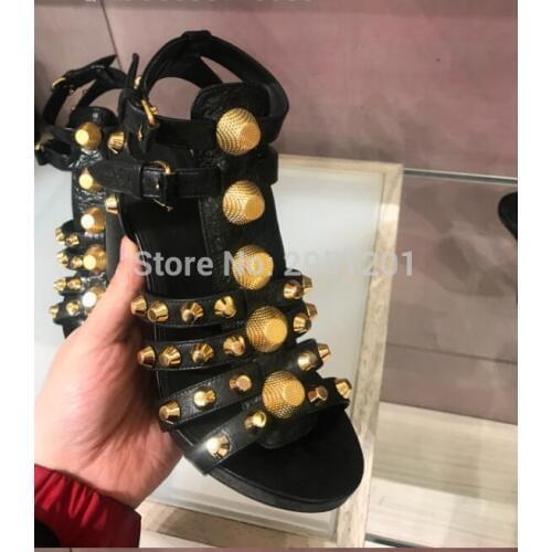 Newest Design Sexy Platform Sandals Black Spike Sandalias Chunky Summer Shoes Real Pictures