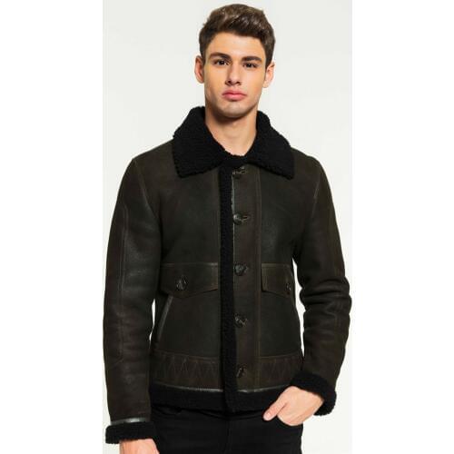 2019 New Mens Aviator Green Shearling Jacket Turkey Sheepskin Coat Short Fur Coat Mens Leather Jacket
