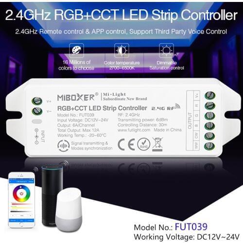 New upgrade 2.4GHz RGB+CCT LED Strip Controller DC12~24V dimmable driver 6A/CH for RGB +CCT LED Strip can remote/voice control